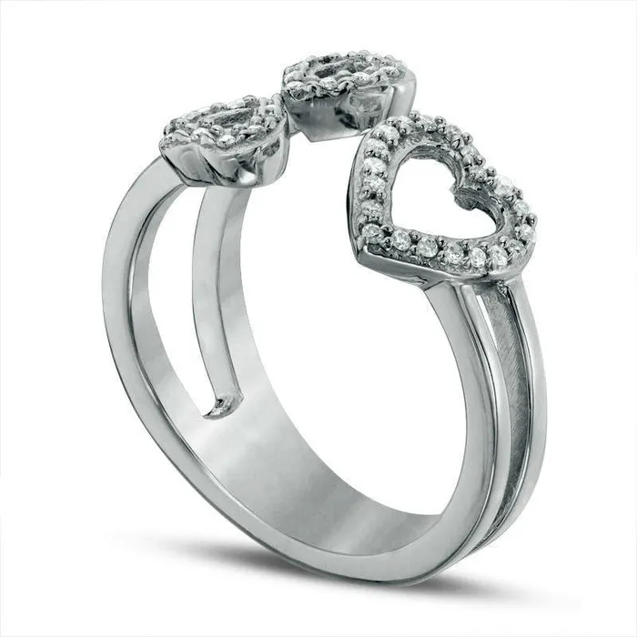 010 CT TW Natural Diamond Three Heart Open Split Shank Ring in Sterling Silver Goldia Rings