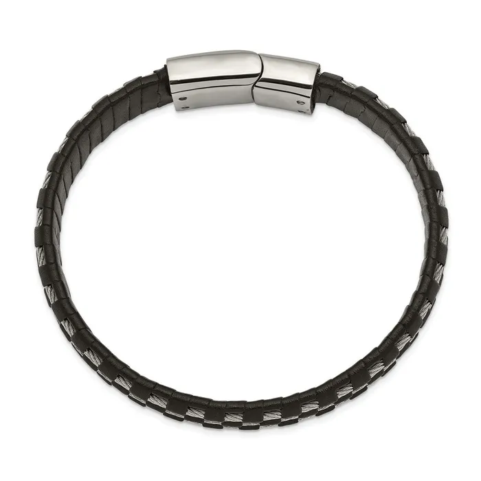 Chisel Stainless Steel Polished Wire Cable and Black Leather 85 inch Bracelet TreasureFineJewelers Bracelets