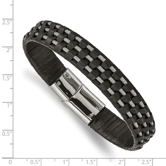 Chisel Stainless Steel Polished Wire Cable and Black Leather 85 inch Bracelet TreasureFineJewelers Bracelets