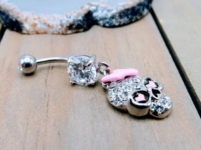 Skull Belly Button Piercing Ring CZ Gemstone Paved Navel Jewelry Bar Siren Body Jewelry Rings