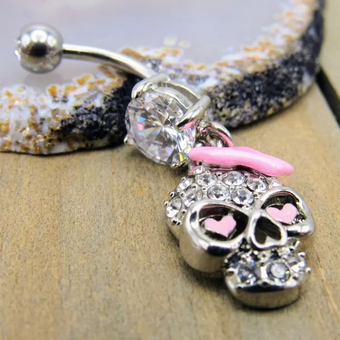 Skull Belly Button Piercing Ring CZ Gemstone Paved Navel Jewelry Bar Siren Body Jewelry Rings
