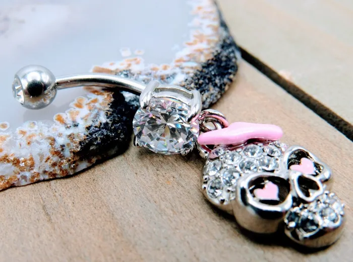 Skull Belly Button Piercing Ring CZ Gemstone Paved Navel Jewelry Bar Siren Body Jewelry Rings