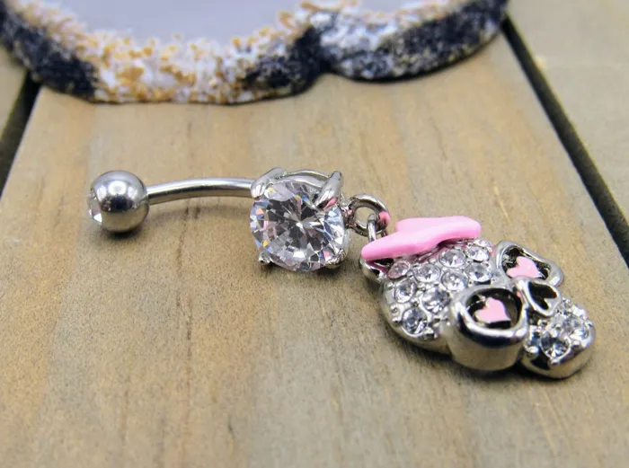 Skull Belly Button Piercing Ring CZ Gemstone Paved Navel Jewelry Bar Siren Body Jewelry Rings