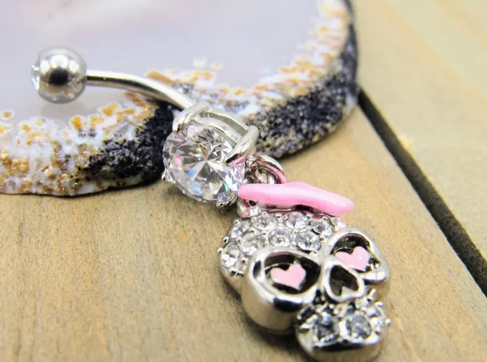 Skull Belly Button Piercing Ring CZ Gemstone Paved Navel Jewelry Bar Siren Body Jewelry Rings