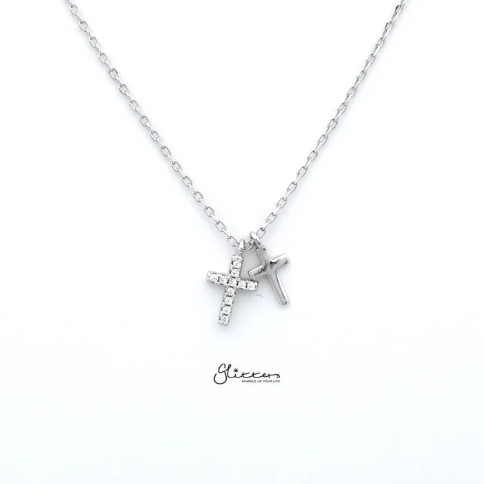 Glitters Sterling Silver CZ Paved Cross with Plain Cross Womens Necklace Necklaces
