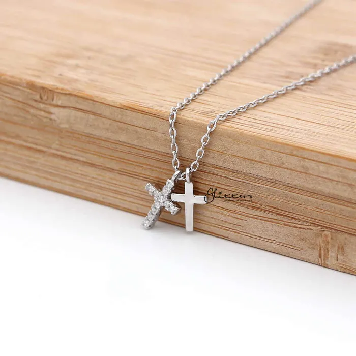 Glitters Sterling Silver CZ Paved Cross with Plain Cross Womens Necklace Necklaces