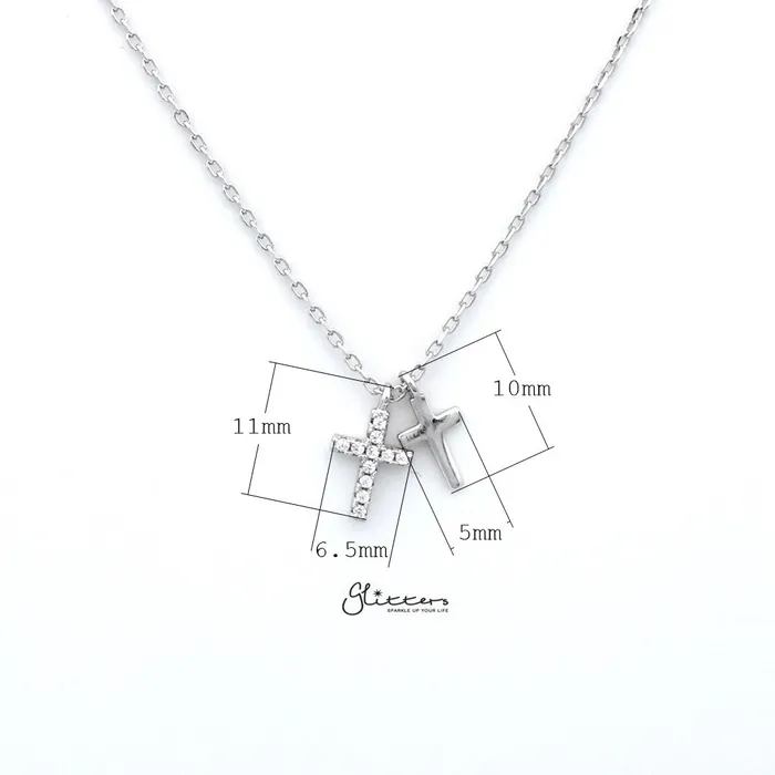 Glitters Sterling Silver CZ Paved Cross with Plain Cross Womens Necklace Necklaces