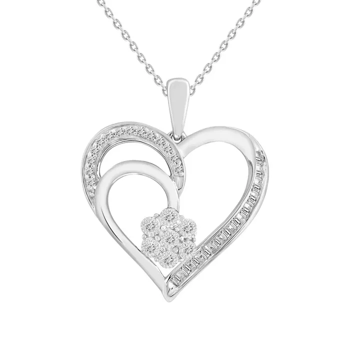 LADIES PENDANT 010CT ROUNDBAGUETTE DIAMOND 10K WHITE GOLD AV Necklaces