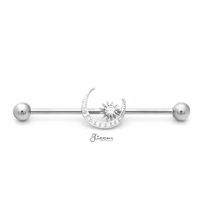 Necklaces Glitters CZ Paved Moon and Star Industrial Barbell Silver