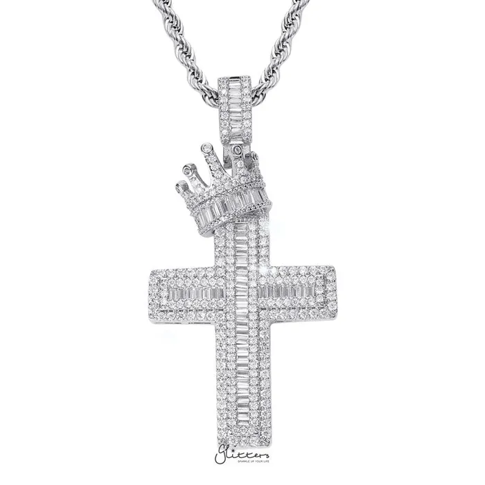Necklaces Glitters Iced Out Cross with Crown Pendant Silver