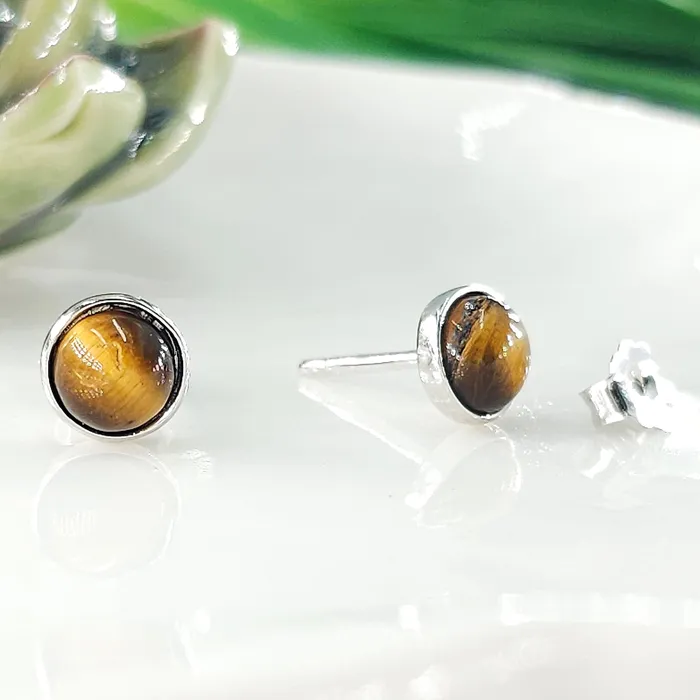 Uniquelan Jewelry Earrings Real Tiger Eye Bezel Stud Earrings
